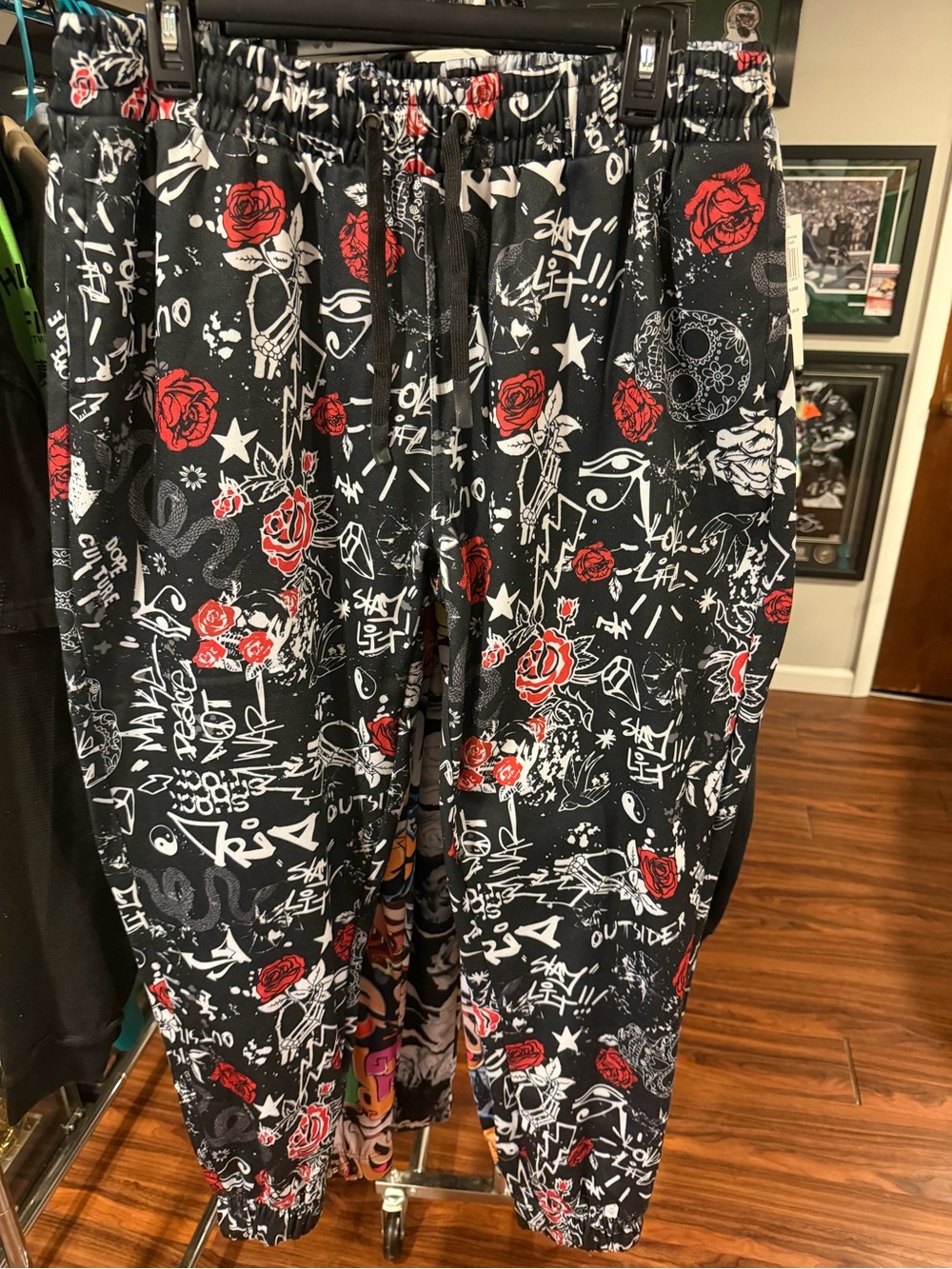 Fresh Price of Bel Air Black XL Joggers with Red Rose & White Graphic Print